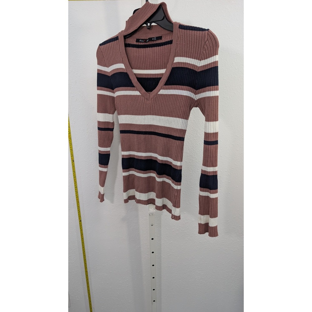 Roma Knit Womens Mauve Striped Choker V-Neck Ribbed Long Sleeve‎ Sweater Size M